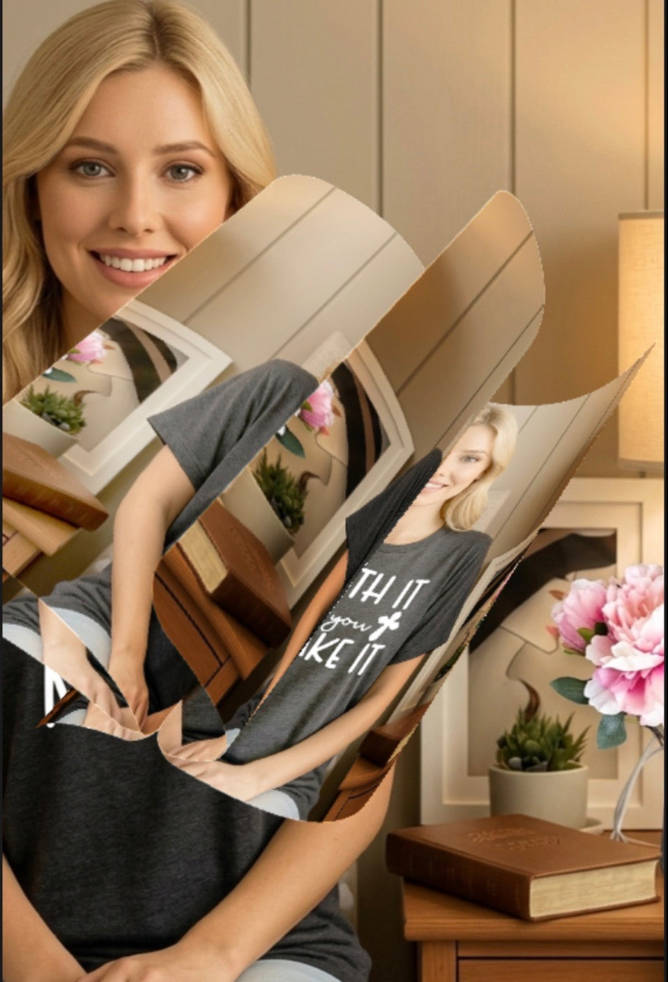 Woman holding a cardboard box with a reflection of herself and a plant on a wooden surface. video