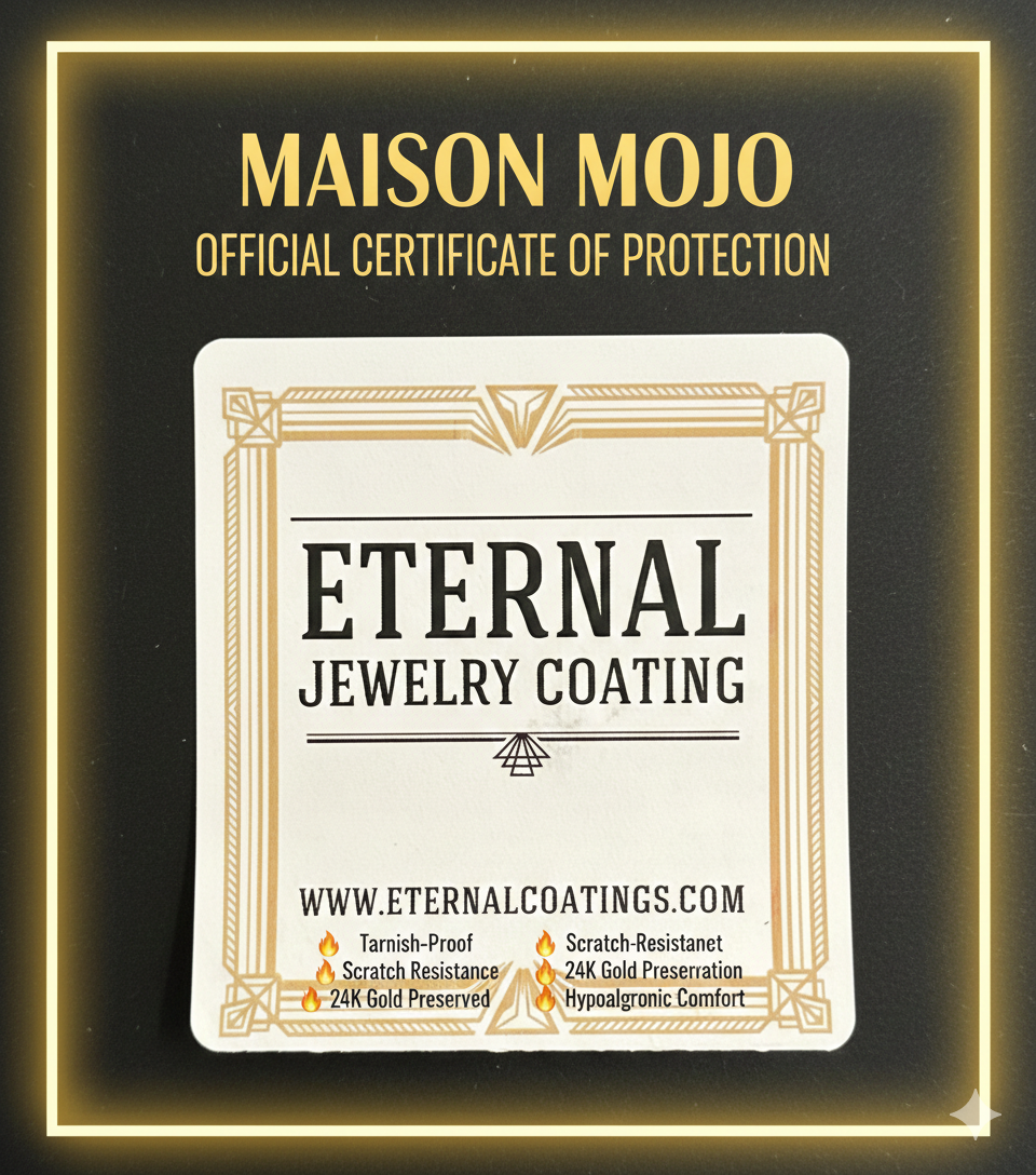 Maison Mojo certificate of protection for Eternal Jewelry Coating on a black background