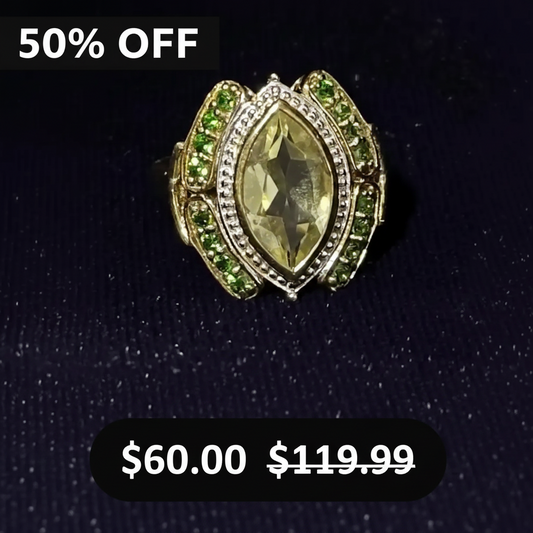 Gorgeous Womens 14K Yellow Gold Over Solid Sterling Silver Chrome Diopside and Topaz Size 6 Designer Ring, shown on a dark textured background with '50% OFF' and '$60.00 was $119.