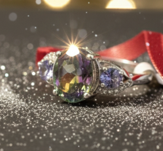 Tanzanite & Mystic Topaz in 14K White Gold Over Sterling Silver on a glittery surface