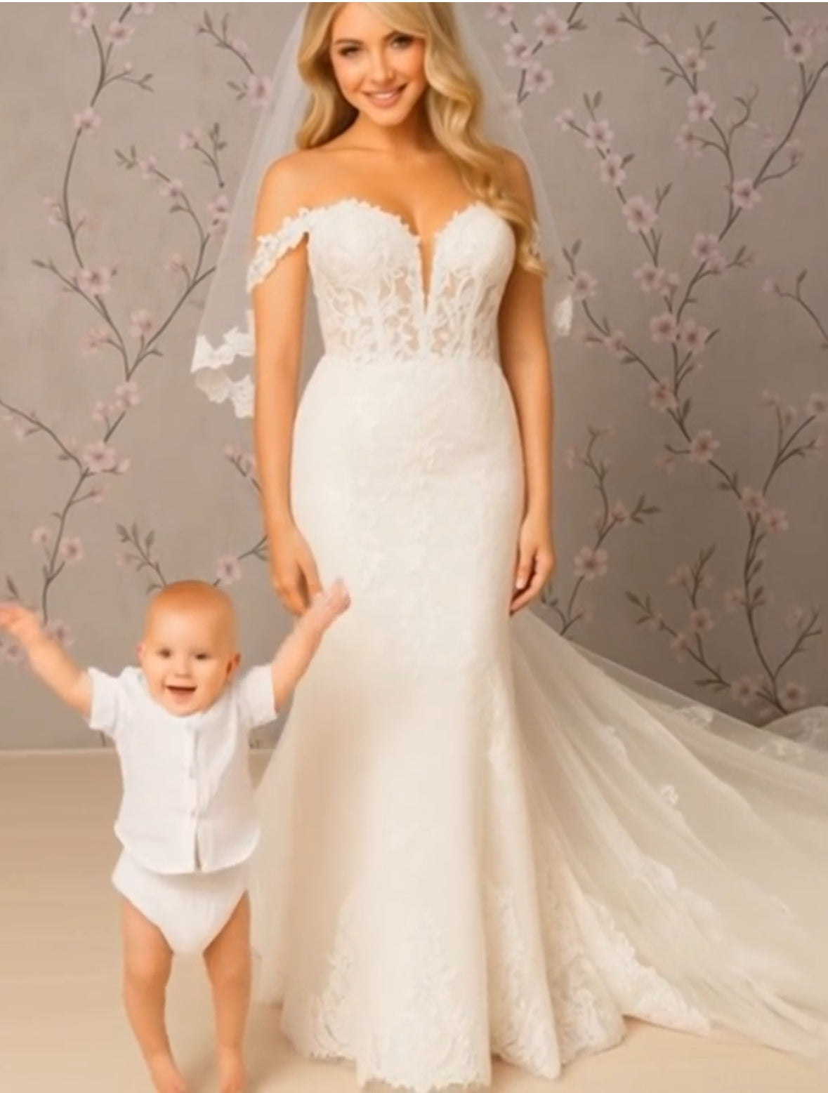 Glitter Off Shoulder Sheer Bodice Mesh Mermaid Wedding Gown