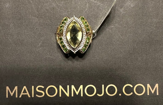 Chrome Diopside & Topaz Designer Ring - White Gold Rhodium over .925 Sterling Silver Size 6