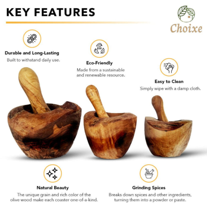 Close-up of Natural Olive Wood Grain on Artisan Mortar and Pestle video.on a white background, featuring Choixe brand.