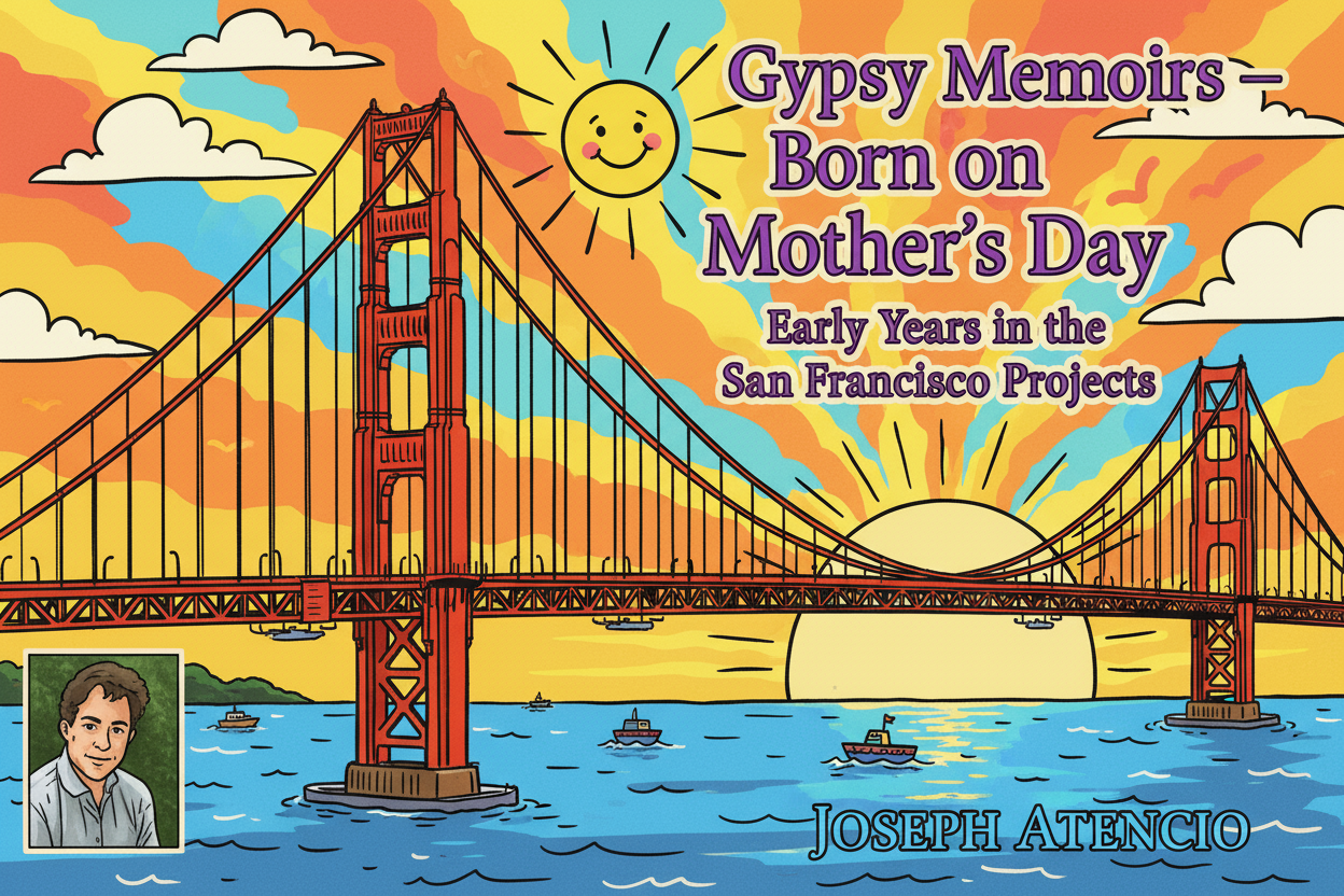Book cover of 'Gypsy Memoirs - Born on Mother's Day' with a bridge and sun design.