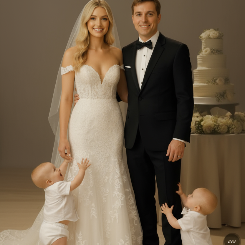 Wedding scene with babies tugging on parents' clothing