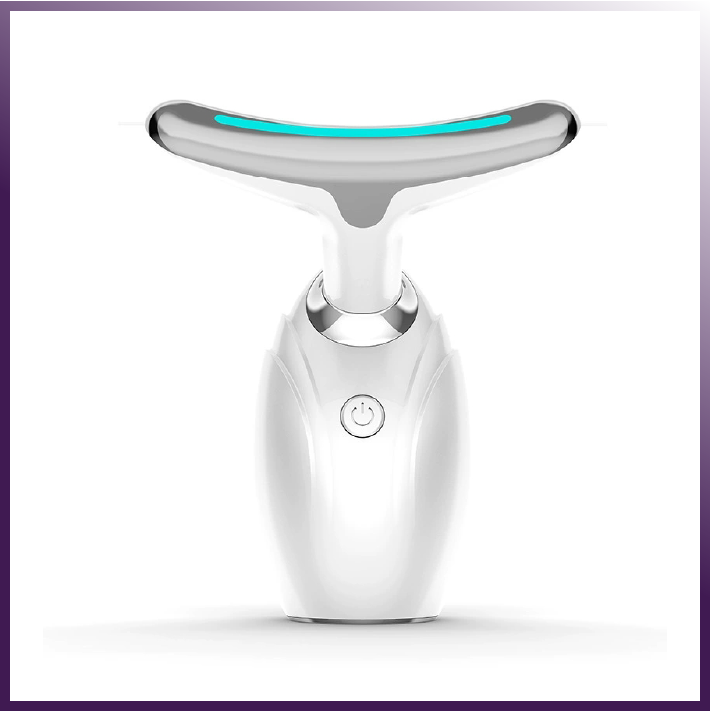 Handheld LED neck and face lifting therapy device for skin tightening and anti-aging massage. with a blue light on a white background