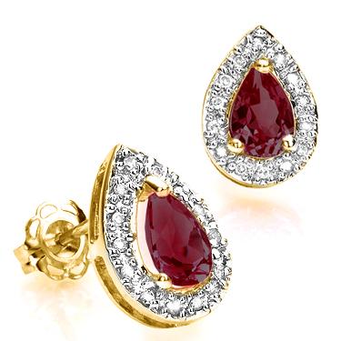 10K Yellow Gold Ruby and Diamond Teardrop Earrings - 1.0 CTW