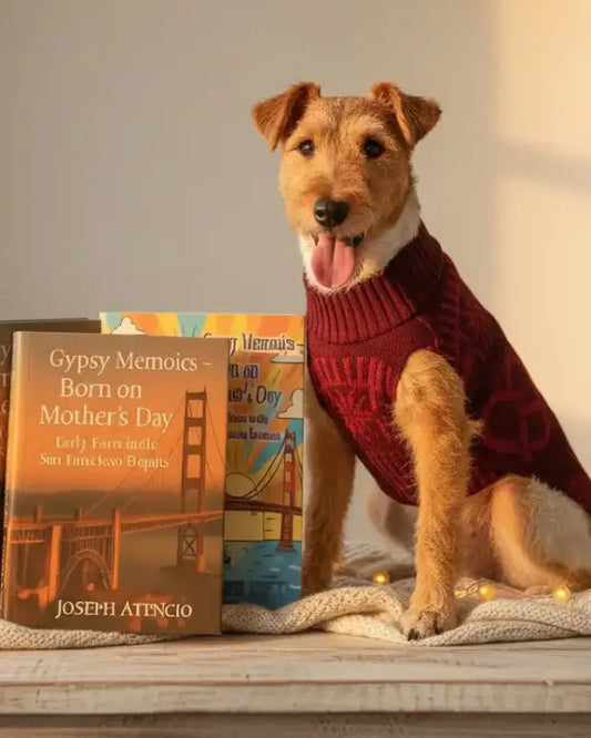 Dog wearing a red sweater standing next to two books on a surface.