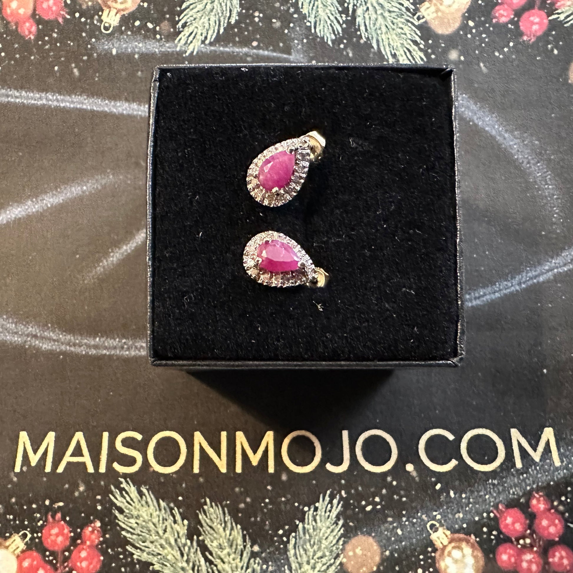 MAISONMOJO Luxury Packaging with Ruby and Diamond Earrings