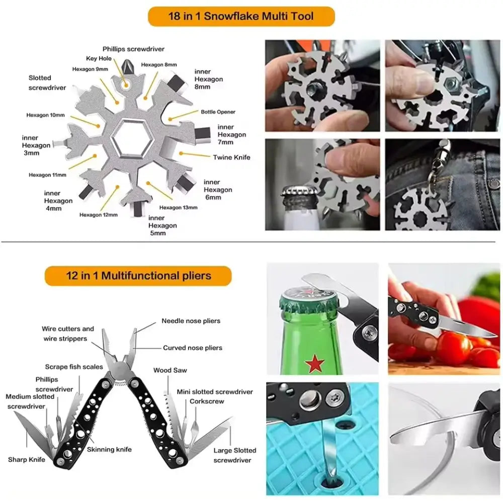 "Close-up of essential tactical multi-tools including an 18-in-1 steel snowflake tool and heavy-duty multifunctional pliers with wire cutters."