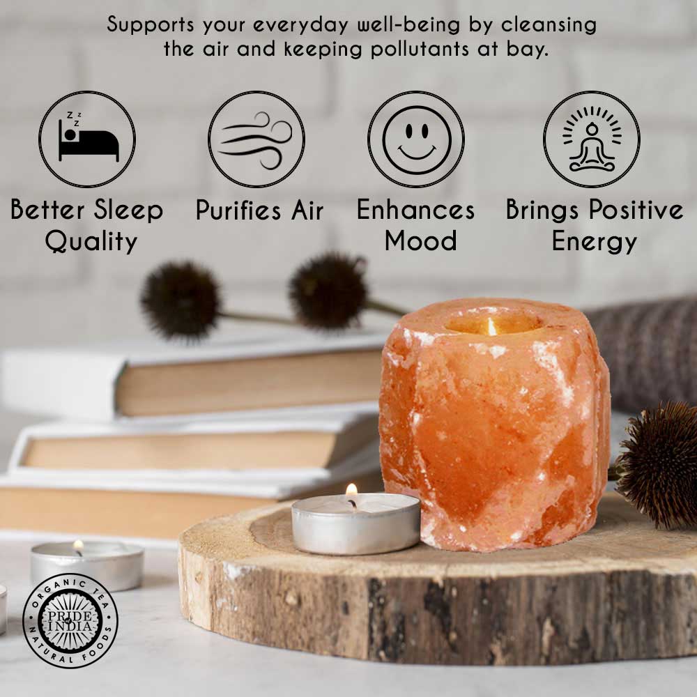 Natural Himalayan salt lamp on a wooden base with an overlay explaining air purifying and wellness benefits.