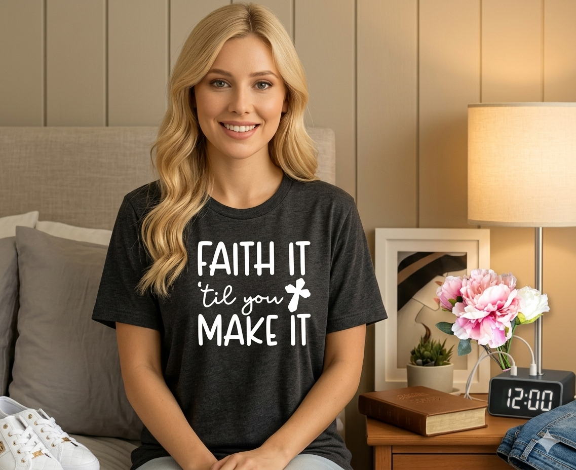 Modern Bedside Table Lamp with USB Charging Ports and Alarm Clock Woman wearing a black t-shirt with 'FAITH IT til you MAKE IT' text in a bedroom setting.