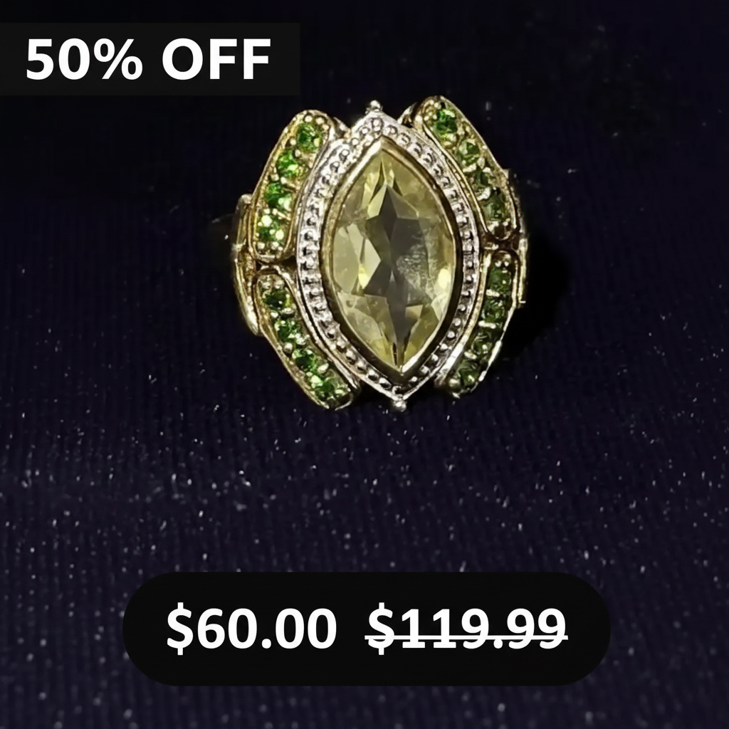 Gorgeous Womens 14K Yellow Gold Over Solid Sterling Silver Chrome Diopside and Topaz Size 6 Designer Ring, shown on a dark textured background with '50% OFF' and '$60.00 was $119.
