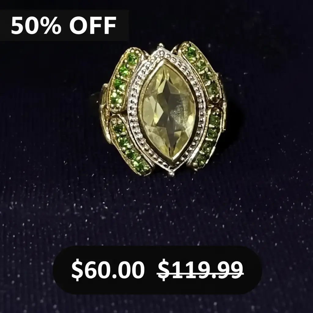 Gorgeous Womens 14K Yellow Gold Over Solid Sterling Silver Chrome Diopside and Topaz Size 6 Designer Ring, shown on a dark textured background with '50% OFF' and '$60.00 was $119.