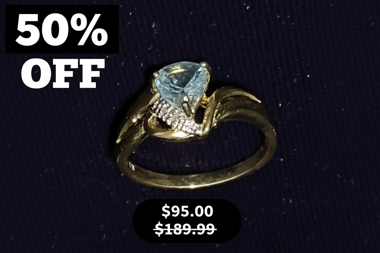 Beautiful Womens 14K Yellow Gold Over Sterling Silver Diamonds and 1 CTW Swiss Blue Topaz Size 7 Designer Ring, shown on a dark textured background with '50% OFF' and '$95.00 was $189.