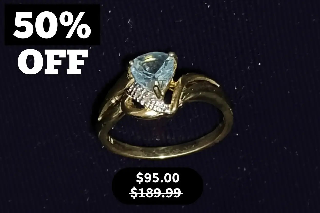 Beautiful Womens 14K Yellow Gold Over Sterling Silver Diamonds and 1 CTW Swiss Blue Topaz Size 7 Designer Ring, shown on a dark textured background with '50% OFF' and '$95.00 was $189.