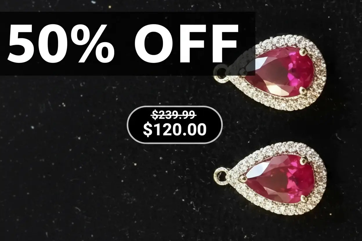 Stunning Womens 10K Yellow Gold 28 Diamonds and 1.0 CTW Ruby Designer Earrings, shown on a black velvet background with a large '50% OFF' sale banner and price overlay.
 $120.00 was $239.99