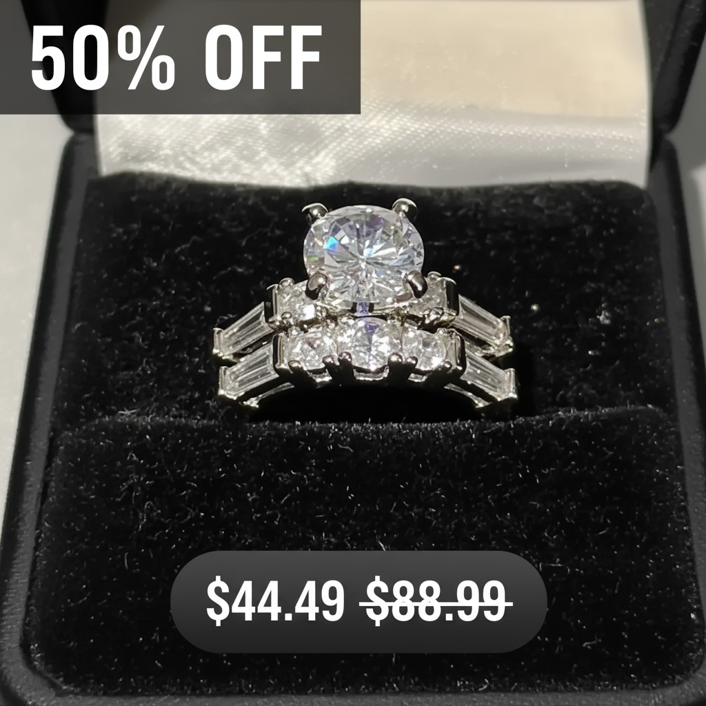 Stunning Womens White Gold Rhodium Plated Cubic Zirconia Size 7 Bridal Set Designer Ring, displayed in a black ring box. White text overlays read '50% OFF' at the top and '$44 was $88.99