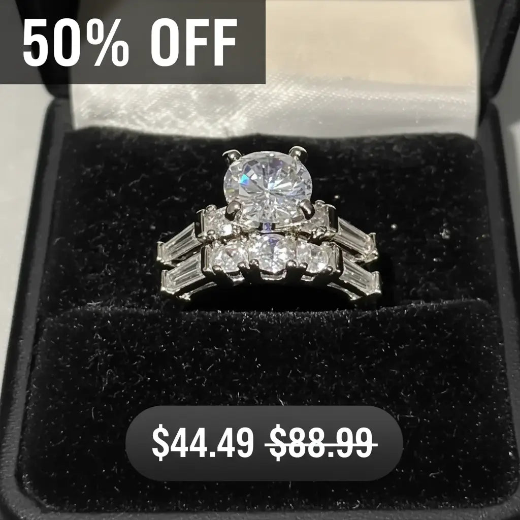 Stunning Womens White Gold Rhodium Plated Cubic Zirconia Size 7 Bridal Set Designer Ring, displayed in a black ring box. White text overlays read '50% OFF' at the top and '$44 was $88.99