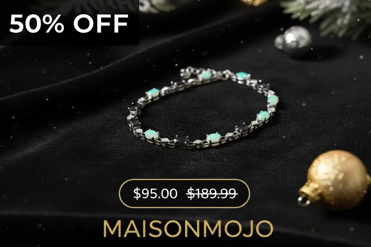 Stunning Womens White Gold Rhodium Plated Sterling Silver Diamond Opal and Sapphire 7.75 Inch Designer Bracelet, displayed on a black velvet background with holiday ornaments and a '50% OFF' sale $95.00 was $189.99 banner. The Maisonmojo brand name is visible at the bottom.