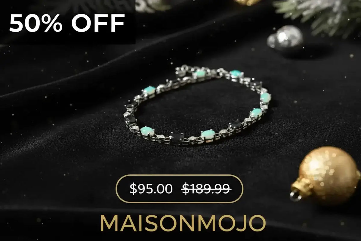Stunning Womens White Gold Rhodium Plated Sterling Silver Diamond Opal and Sapphire 7.75 Inch Designer Bracelet, displayed on a black velvet background with holiday ornaments and a '50% OFF' sale $95.00 was $189.99 banner. The Maisonmojo brand name is visible at the bottom.
