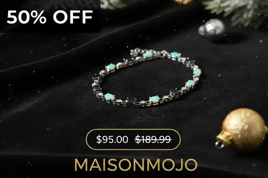 Stunning Womens White Gold Rhodium Plated Sterling Silver Diamond Opal and Sapphire 7.75 Inch Designer Bracelet, displayed on a black velvet background with holiday ornaments and a '50% OFF' sale $95.00 was $189.99 banner. The Maisonmojo brand name is visible at the bottom.