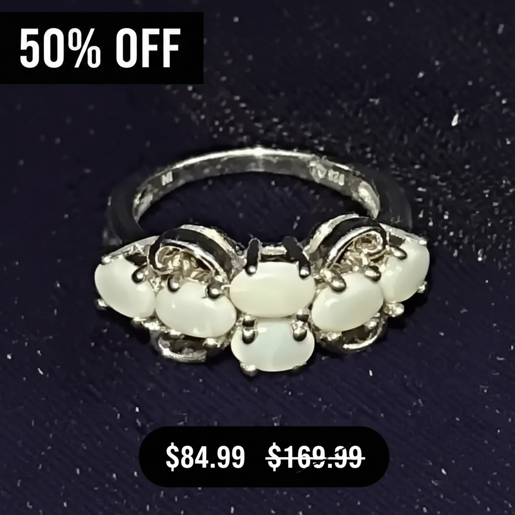 A Whimsical Women's Sterling Silver 1.68 CTW Beautiful Opal Size 8 Ring, displayed on a dark textured background with promotional text overlays reading '50% OFF' and '$84.99 $169.