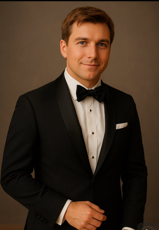 Man wearing a black tuxedo with a bow tie against a neutral background