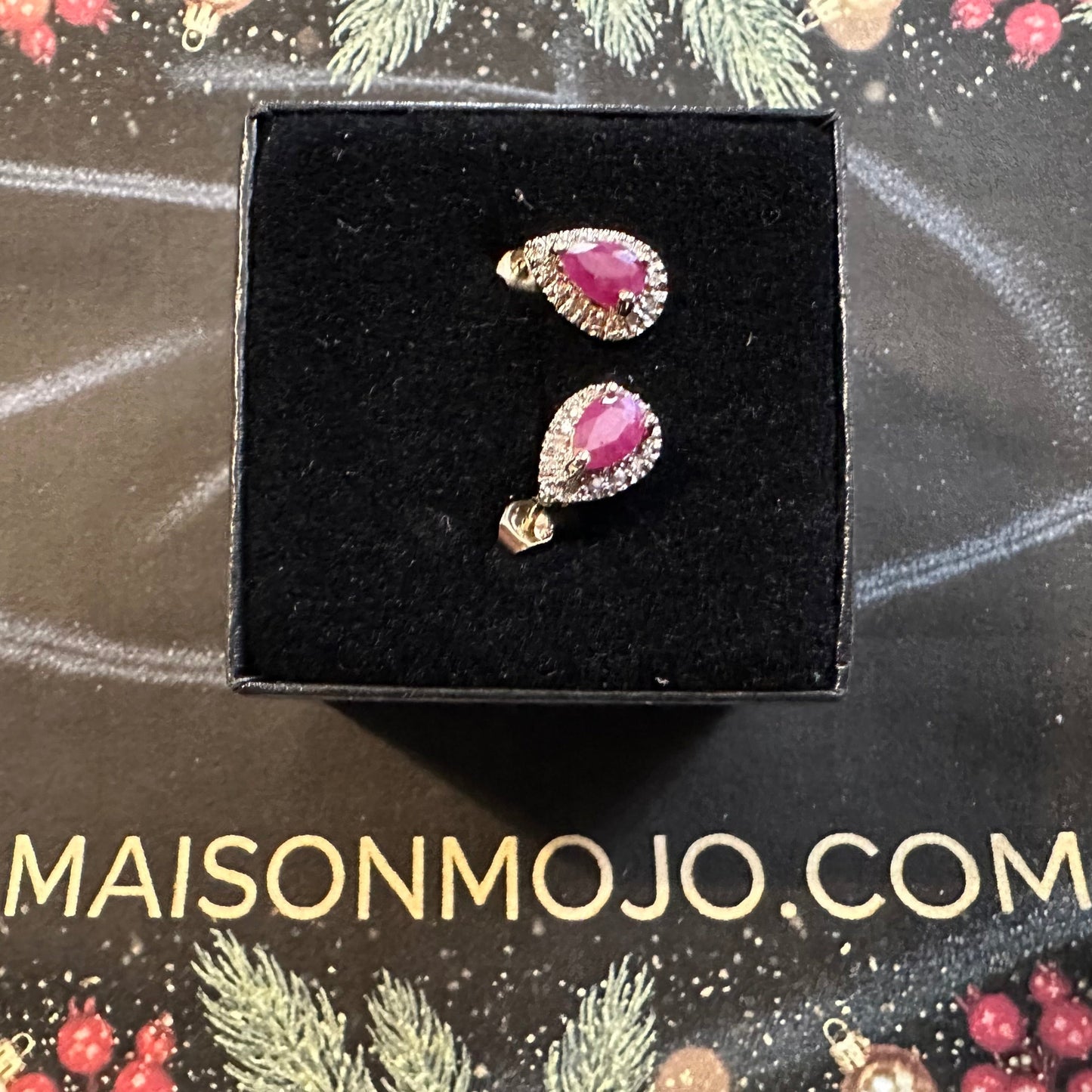 MAISONMOJO Luxury Packaging with Ruby and Diamond Earrings