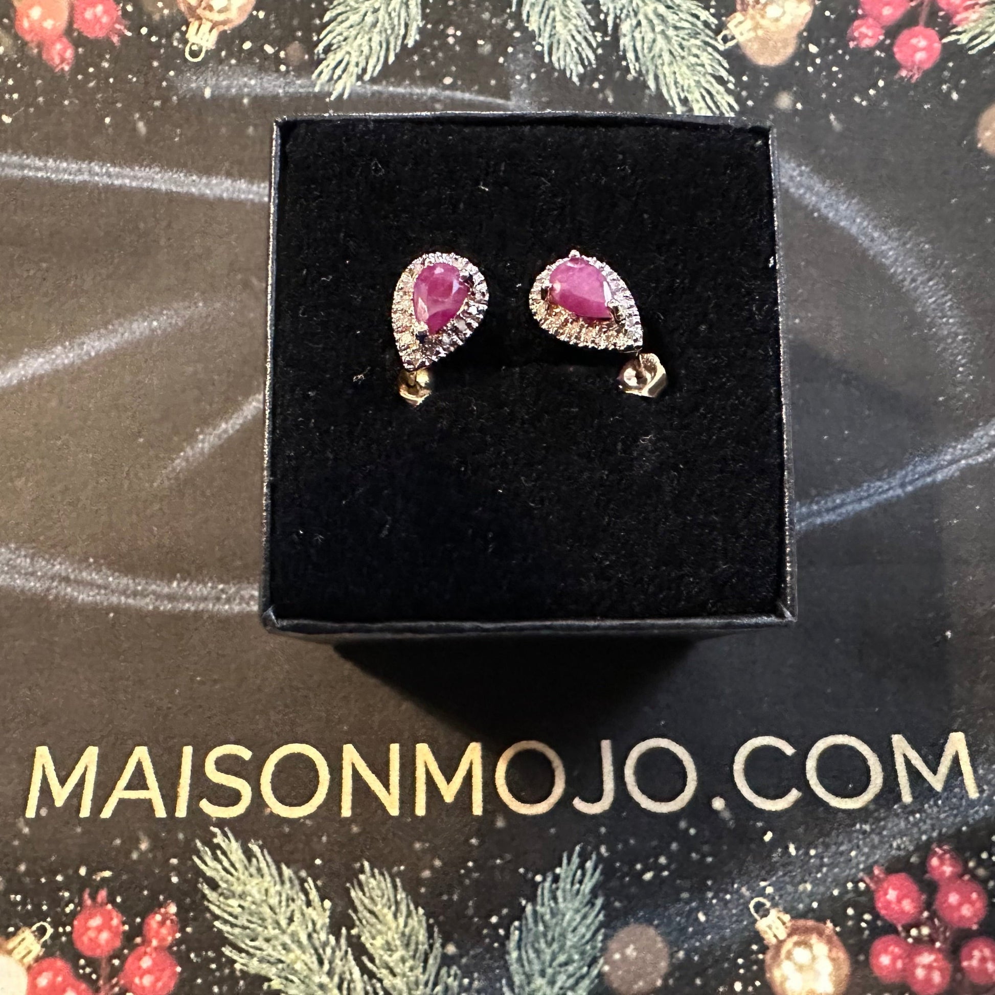 MAISONMOJO Luxury Packaging with Ruby and Diamond Earrings