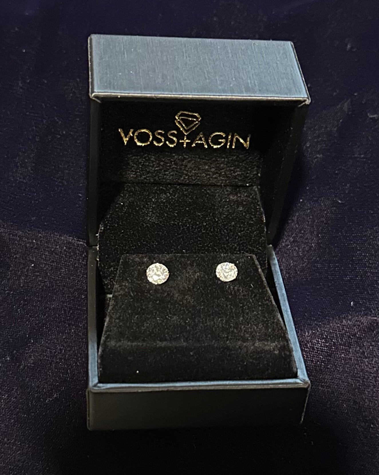 2.00 ctw Lab-Grown Diamond Studs in a Voss + Agin luxury box on purple velvet.