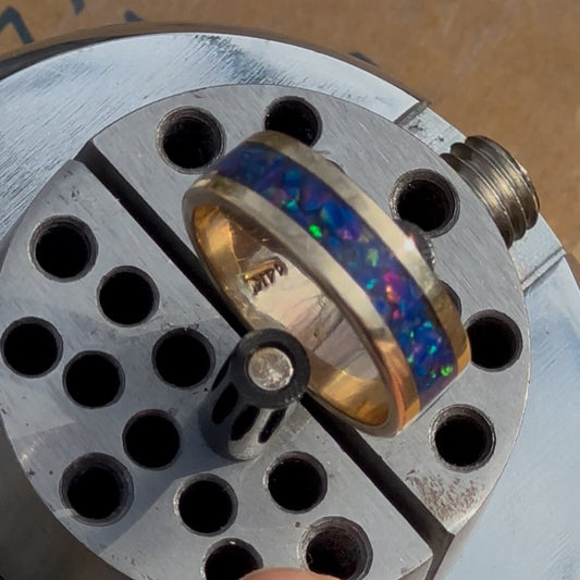 The "Masterwork" 5.8g Solid 14K Gold & Blue Opal Band (Size 11)