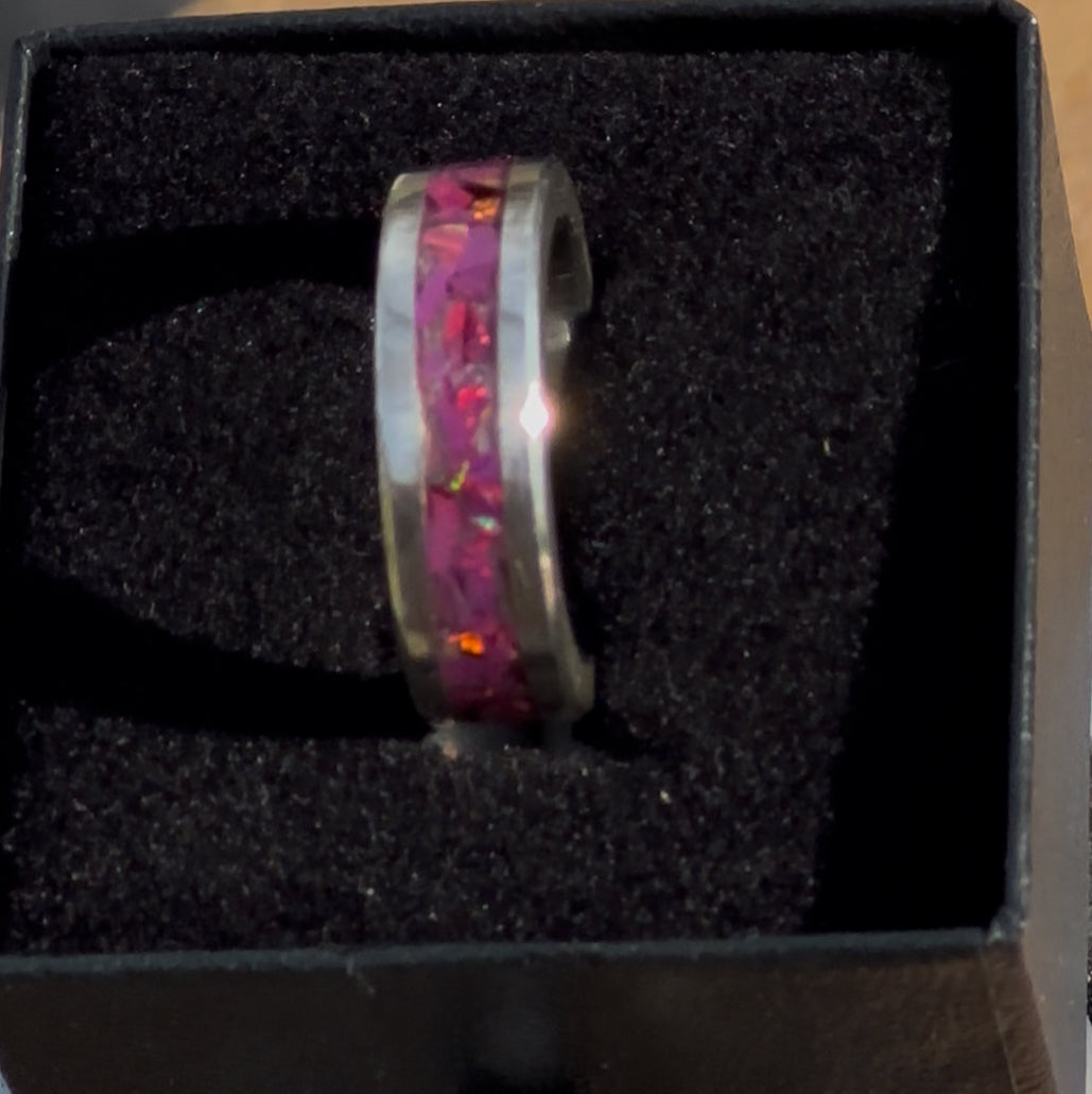 Ring with purple & pink inlay, in a black box