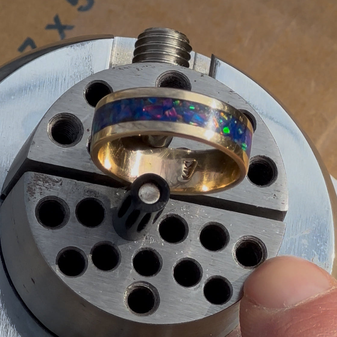 The "Masterwork" 5.8g Solid 14K Gold & Blue Opal Band (Size 11)