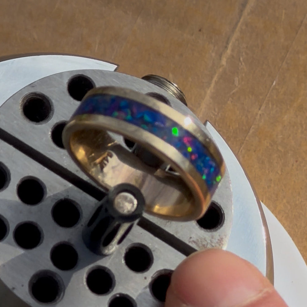 The "Masterwork" 5.8g Solid 14K Gold & Blue Opal Band (Size 11)