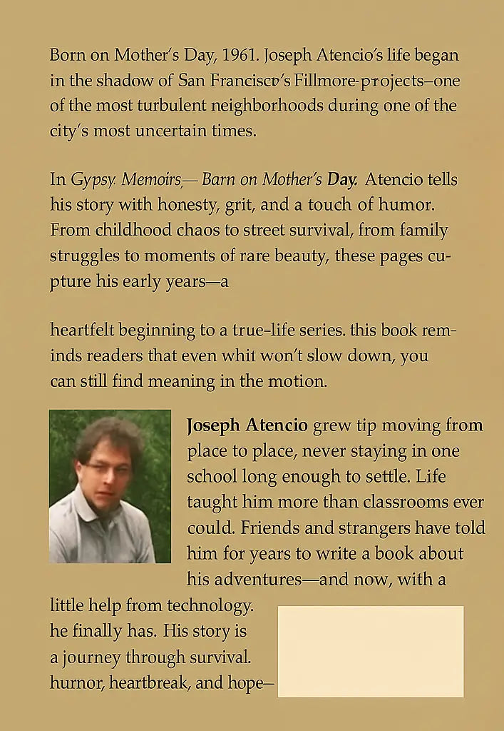 Back cover of 'Gypsy Memoirs: Born on Mother's Day' with a bridge and cityscape in the background