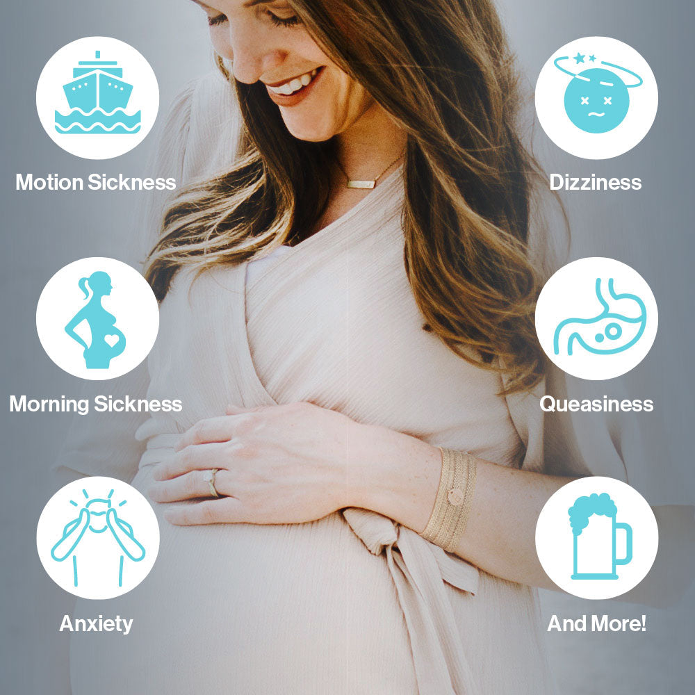 Sofia Duo acupressure bracelets in stylish beige and blue for natural nausea relief. Pregnant woman with symptoms icons and text on a gray background