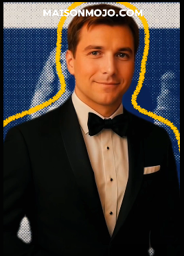 Man in a tuxedo with a blue and white patterned background