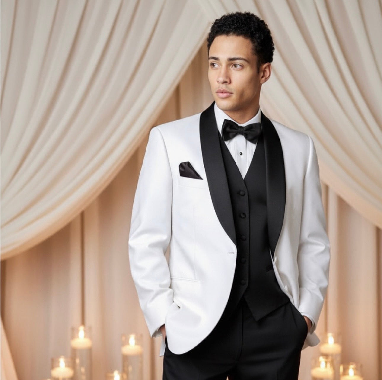 Man wearing a white tuxedo with black lapels and bow tie in a elegant indoor setting.