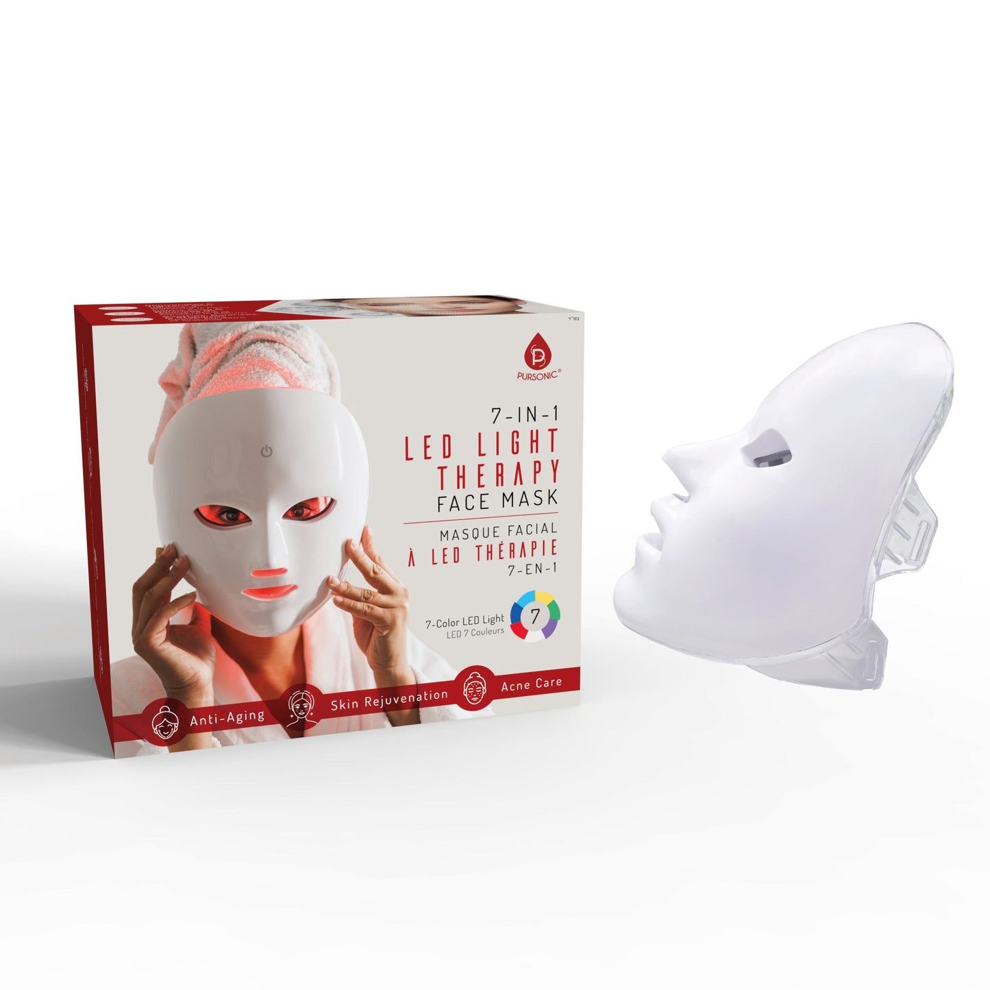 7-in-1 LED light therapy face mask with premium retail packaging and USB charging cable on a white background.