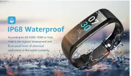 Fitness tracker with water resistance rating on a raindrop water background