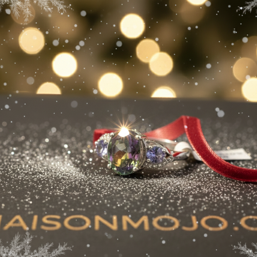 "Twilight Fire" Ring: Rare Tanzanite & Iridescent Rainbow Topaz - Size 7