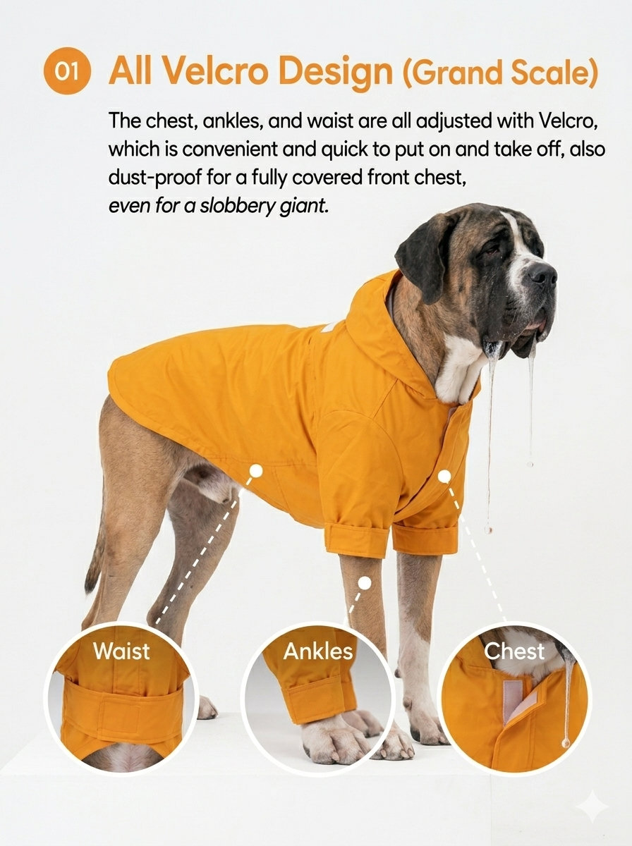 Technical infographic diagram for the Maison Mojo waterproof dog raincoat featuring a Beagle, with three inset close-up circles highlighting the adjustable velcro at the Waist, Ankles, and Chest.