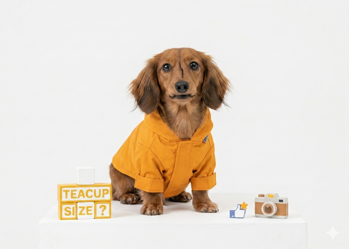 Extra small Maison Mojo yellow dog raincoat on a Miniature Dachshund; shown seated on a white plinth with miniature toy blocks reading and social media icons.