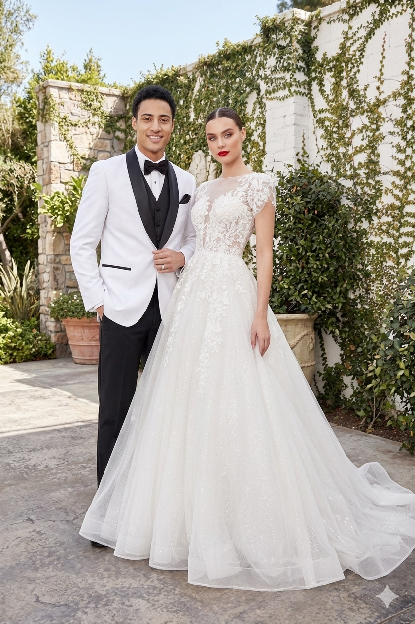 "Groom in Bradford white tuxedo jacket and bride in lace gown walking through a formal garden."