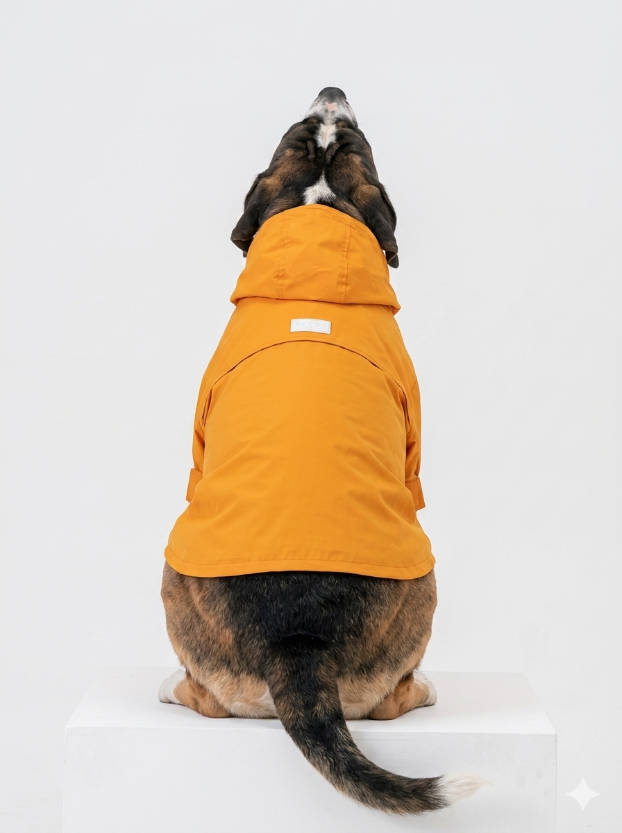 Rear view of a Beagle wearing a Maison Mojo ‘Egg Yolk’ yellow waterproof dog raincoat on a white background.