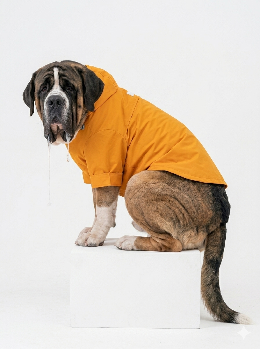 Humorous technical infographic diagram for the extra-large Maison Mojo dog raincoat featuring a giant Great Dane (drooling); includes scaled detailed insets highlighting the velcro Waist, Ankles, and Chest closures.