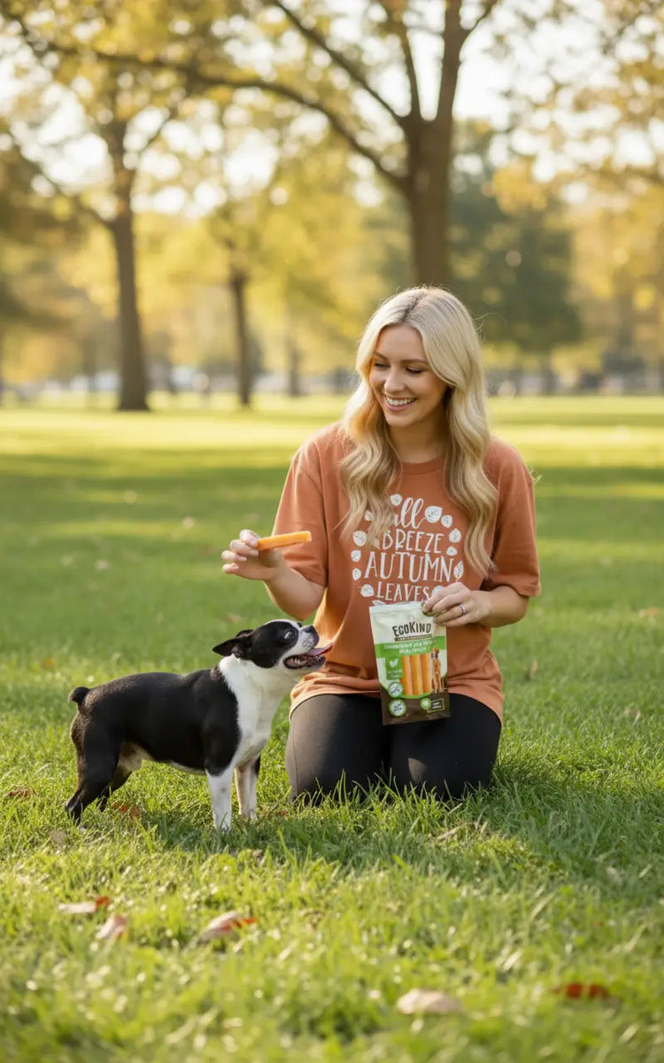 A happy woman wearing a fall-themed t-shirt kneels in a park, holding a bag of MaisonMojo Gold Yak Chews while offering a treat to her small dog.