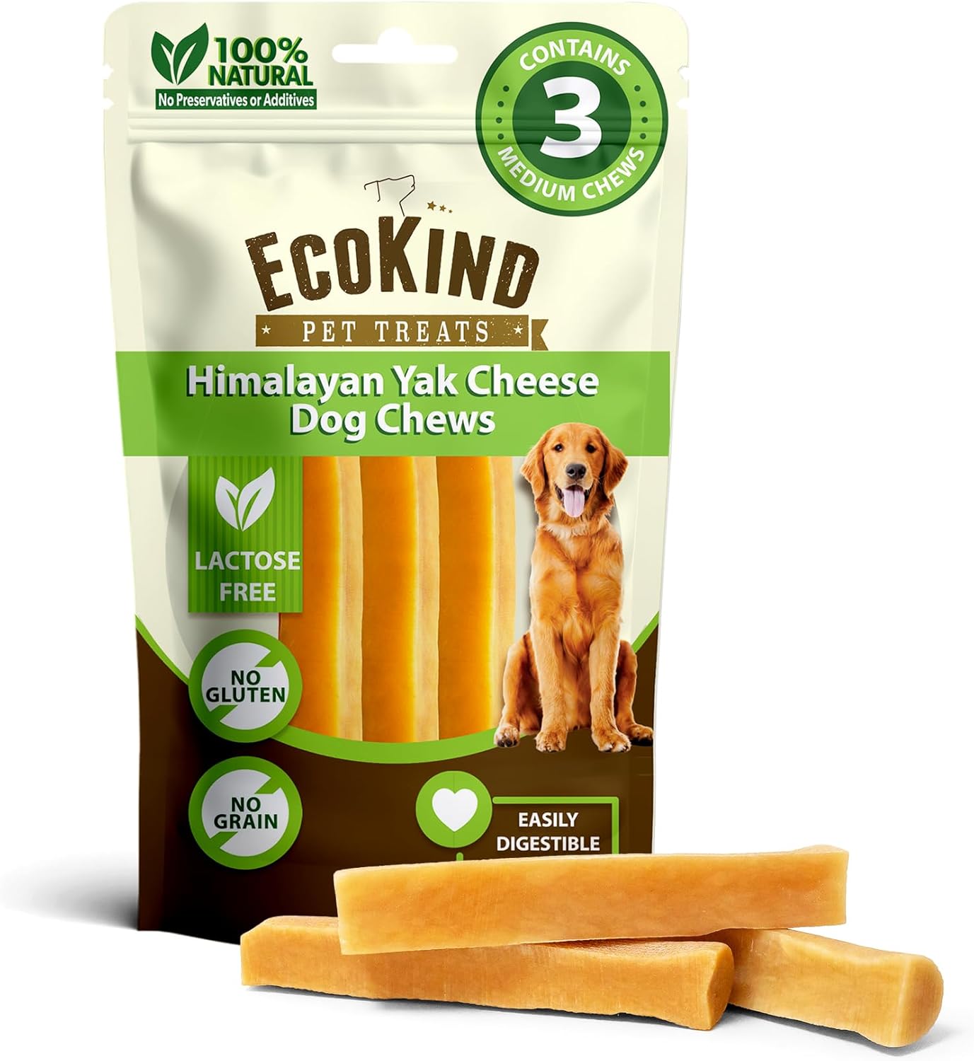 Packaging of Ecokind Pet Treats Himalayan Yak Cheese Dog Chews with two chews in front.