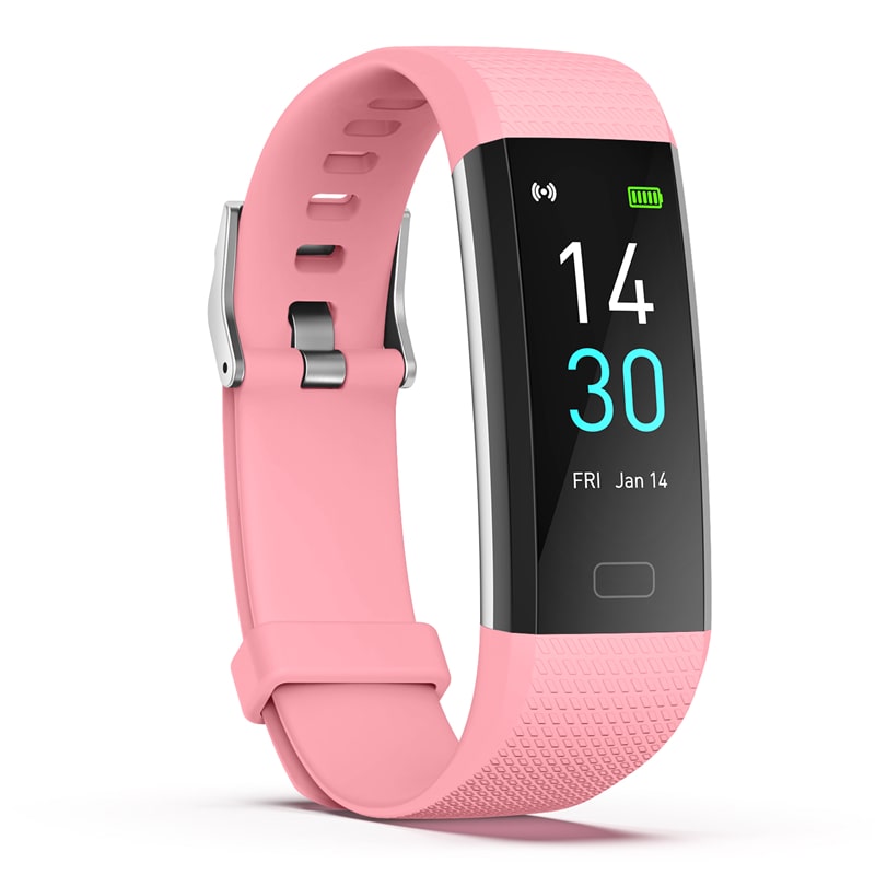 Pink fitness tracker on a white background